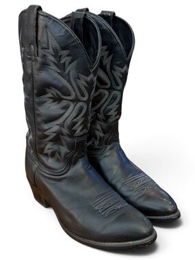 VTG USA Wrangler Black Leather Pointed Toe Western Boots 9 Embroidered Cowboy